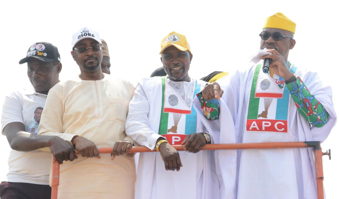 L-R: All Progressives Congress Ogun State House of Assembly candidate, Oludaisi Elemide; the party's House of Representatives candidate, Olumide Osoba; the Ogun Central Senatorial District candidate, Salisu Shuaib and Governor Dapo Abiodun at the campaign rally for Odeda Local Government Area on Wednesday