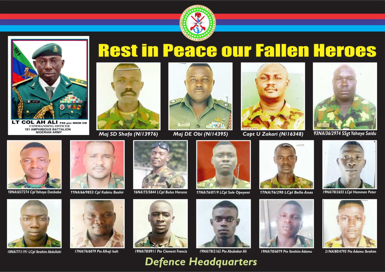 DHQ Releases Identities of Army Commander, 16 Soldiers Killed In Delta Ambush